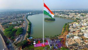 Belagavi: India's tallest flag unfurled in Belgaum. The 9,600 sq.ft Indian flag on a 110 m flag pole being inaugurated at Kote Kere lake front in Belagavi, Karnataka on Aug 13, 2018. PTI